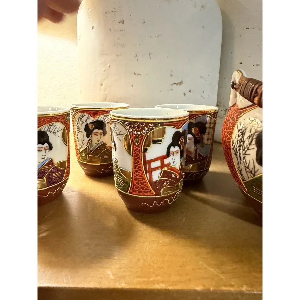 Kutani Handpainted Japan‎ Teapot and 6 Cups Geisha Scene